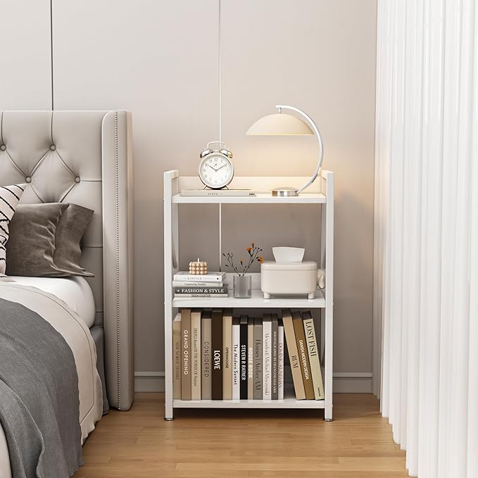 Small Bookshelf for Small Spaces,Modern 3 Tier Bookcase Night Stand, Narrow Book Shelf Organizer, Small Shelf Open Display Rack for Bedroom, Living Room, Home Office(White) - LeafyLoom