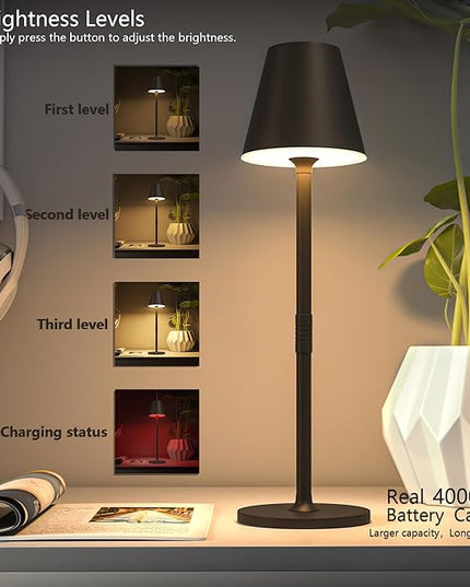 LED CordlessTable Lamp,4000mAh Rechargeable Battery Desk lamp,3 Level Brightness Beside Night Light, Minimalist Design, for Couple Dinner/Coffee Table/Restaurant/Bedroom(Kahaki-4PACK) - LeafyLoom