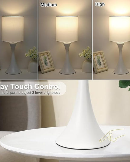 Modern Table Lamps, 3 Way Touch Control Table Lamp, Dimmable Desk Lamp, White Nightstand Lamp with Fabric Shade, Small Bedside Lamp for Living Room, Dorm,Home Office, LED Bulb Included - LeafyLoom