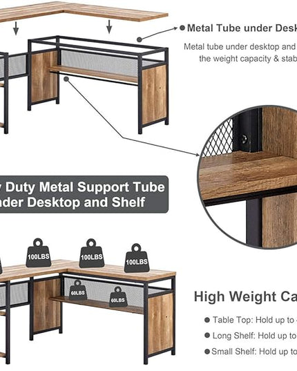 FATORRI L Shaped Computer Desk, Industrial Office Desk with Shelves, Reversible Wood and Metal Corner Desk for Home Office (Rustic Oak, 59 Inch) - LeafyLoom