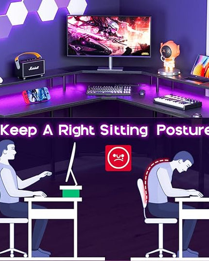 ODK L Shaped Gaming Desk with LED Lights & Power Outlets, 51" Computer Desk with Full Monitor Stand, Corner Desk with Cup Holder, Gaming Table with Hooks, Black - LeafyLoom