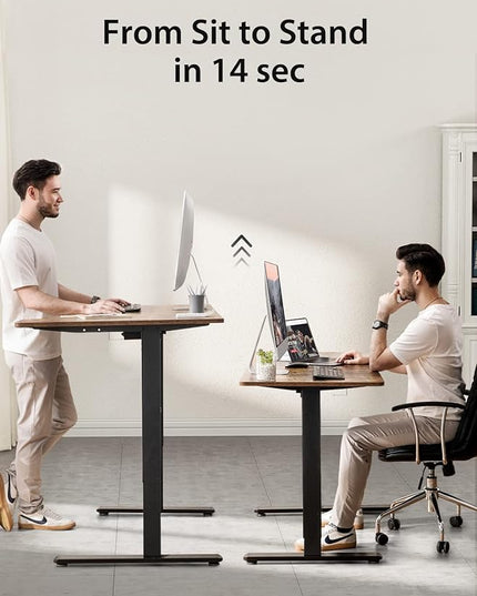 Electric Standing Desk, Height Adjustable Sit Stand up Desk, L-Shaped Memory Home Office Desk With Hook, 55 x 34 inch, Rustic - LeafyLoom