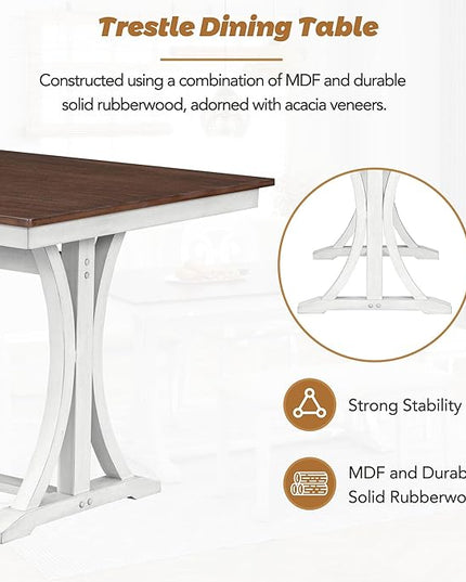 Dining Table Set for 6, Mid-Century 6-Piece Dining Room Table Set with Victorian Round Upholstered Dining Chairs and Long Bench, Kitchen Table Set for Living Room, Cherry+Antique White - LeafyLoom