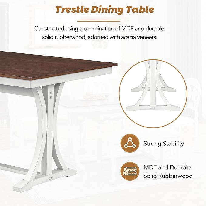 Dining Table Set for 6, Mid-Century 6-Piece Dining Room Table Set with Victorian Round Upholstered Dining Chairs and Long Bench, Kitchen Table Set for Living Room, Cherry+Antique White - LeafyLoom