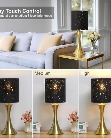 Touch Lamp for Bedroom, 3 Way Dimmable Gold Table Lamp with Black Starry Shade, Decorative Nightstand Lamp Ambient Beside Light for Living Room, Guest Room, Office 3000K LED Bulb Included - LeafyLoom