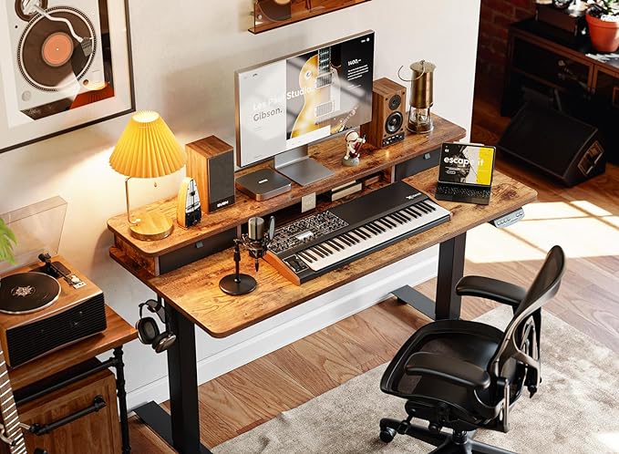 BANTI 55x24 Inch Electric Standing Desk with Double Drawers, Adjustable Height Stand Up Desk, Sit Stand Home Office Desk with Storage Shelf, Rustic Brown Top - LeafyLoom