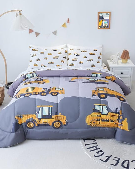 Twin Size Comforter Set for Boys, 4-Piece Bed in a Bag, 3D Construction Bedding Comforter Sheet Set, Ultra Soft and Fluffy, Cartoon Truck Cars - LeafyLoom