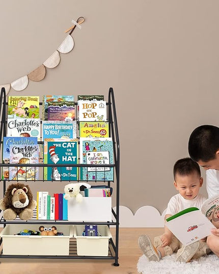 aboxoo Metal Kids Bookshelf Black Toy Chests & Organizers Large Freestanding for Children Toy Chests & OrganizersRoom 25 in Toy Organizer Large Stable Bookcase Bookstore Library Bed Living Room - LeafyLoom