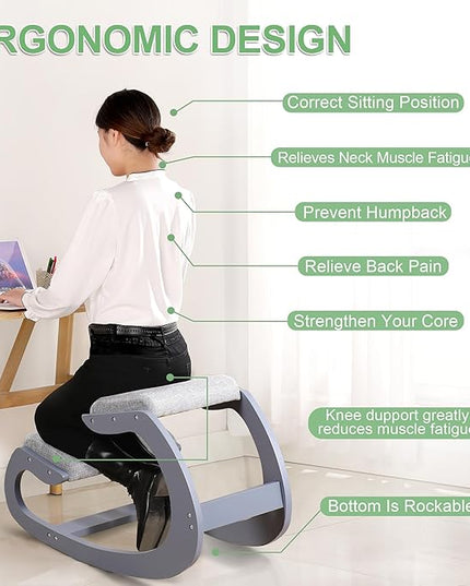 Ergonomic Kneeling Chair for Upright Posture - Rocking Chair Knee Stool for Home, Office & Meditation - Wood & Linen Cushion - Relieving Back and Neck Pain & Improving Posture (Grey) - LeafyLoom