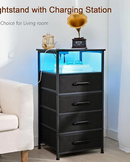 Nightstands Set of 2, Large End Tables Living Room, Bed Side Tables with Charging Station, 30" Tall Night Stand with 4 Fabric Drawers and LED Light Strip for Bedroom FBAHNS014BK - LeafyLoom