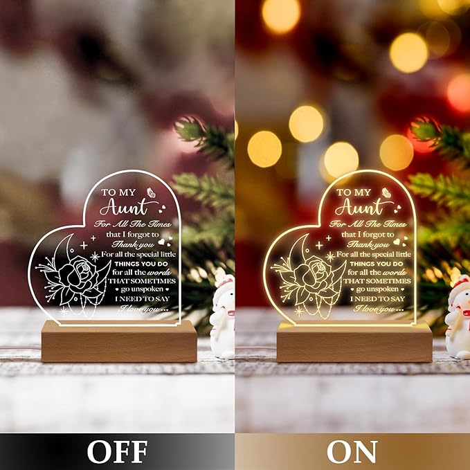 Aunt Birthday Gifts from Niece Nephew, to My Aunt Acrylic Engraved Night Light with Base for Aunt Mother's Day Thanksgiving Birthday Christmas Gifts - LeafyLoom