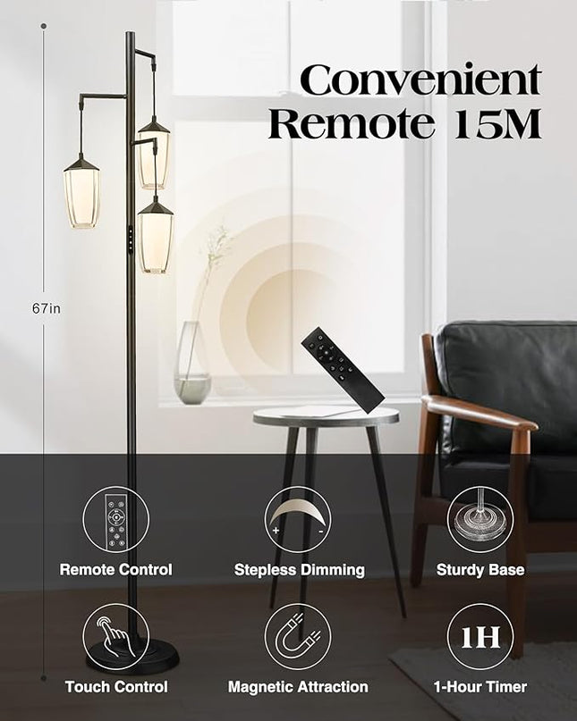 ELYONA Modern Dimmable Floor Lamp, 3-Light Standing Lamp with Remote & Touch Control, Stepless Adjustable 2200K-6500K Colors & Brightness 24W LED Reading Light for Bedroom Living Room Office, Black - LeafyLoom