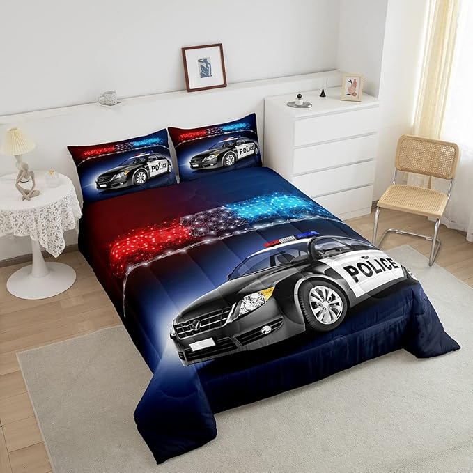 Erosebridal Police Car Comforter Sets Queen Size,Policeman Vehicle Bedding Set For Kids Boys Children,Red Blue Cop Lights Down Comforter Geometric Graphics Duvet Sets Bedroom Decor With 2 Pillow Cases - LeafyLoom
