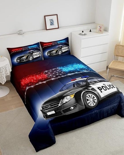 Erosebridal Police Car Comforter Sets Full Size,Policeman Vehicle Bedding Set for Kids Boys Children,Red Blue Cop Lights Down Comforter Geometric Graphics Duvet Sets Bedroom Decor with 2 Pillow Cases - LeafyLoom