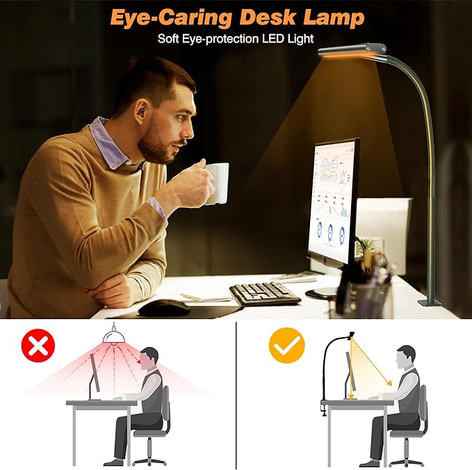 LED Desk Lamp for Office Home, Eye-Caring Desk Light with Stepless Dimming Adjustable Flexible Gooseneck, 10W USB Adapter Desk Lamp with Clamp for Reading, Study, Workbench (Green) - LeafyLoom