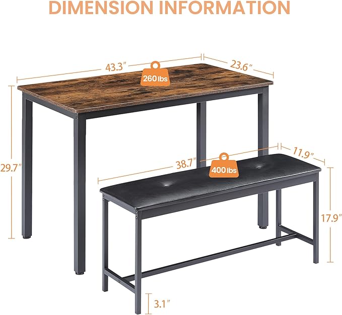 NicBex Dining Table Set Breakfast Nook Table Set Barstool Dining Table with 2 Pu Upholstered Benches Industrial Style Dining Table and Chairs for Kitchen, Living Room, Rustic Brown - LeafyLoom