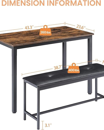 4 Person, 43.3in Kitchen Table 2 Upholstered Benches for 4-6, Nesting Furniture Set for Dining Room Restaurant Small Spaces Pub Bar Bistro Dinette, Rustic Brown-pu - LeafyLoom