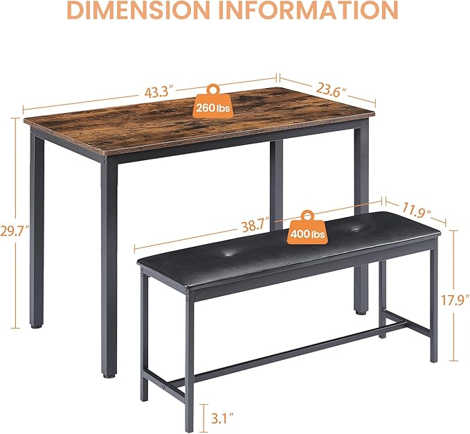 4 Person, 43.3in Kitchen Table 2 Upholstered Benches for 4-6, Nesting Furniture Set for Dining Room Restaurant Small Spaces Pub Bar Bistro Dinette, Rustic Brown-pu - LeafyLoom