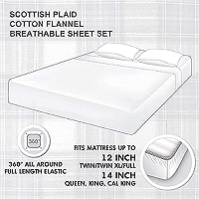 Comfort Spaces Cotton Flannel Breathable Warm Deep Pocket Sheets with Pillow Case Bedding, Queen, Blue Plaid Scottish Plaid 4 Piece - LeafyLoom