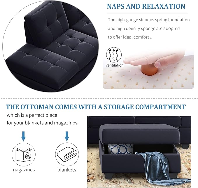 122.1" Modern U-Shape Sectional Sofa with Right Side Chaise & Removable Ottoman, Velvet Upholstered Couch w/ 3 Pillows, for Living Room, Apartment, 112 Inch, Balck - LeafyLoom
