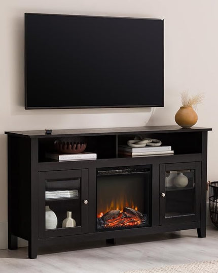 Walker Edison Glenwood Rustic Farmhouse Glass Door Highboy Fireplace TV Stand for TVs up to 65 Inches, 58 Inch, Black - LeafyLoom