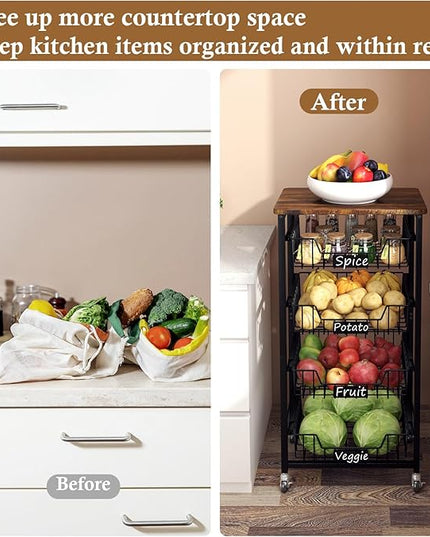Fruit Basket, 5-Tier Utility Kitchen Organizer and Storage Cart with Pull-Out Baskets and Wood Top, Rolling Pantry Kitchen Cart on Wheels for Fruit Potato Onion Vegetable Snack Produce - LeafyLoom
