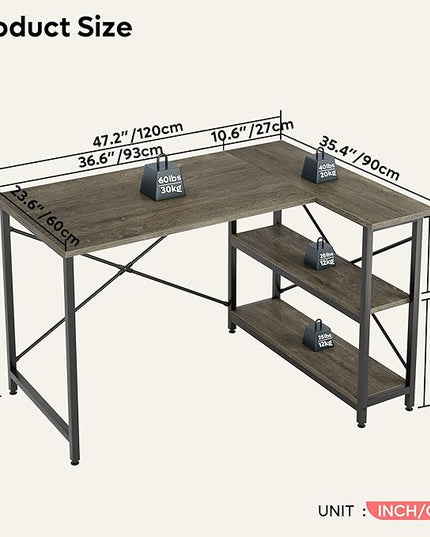 Bestier Small L Shaped Desk with Storage Shelves 47 Inch Corner Computer Desk Writing Study Table for Home Office Small Space, Gray - LeafyLoom