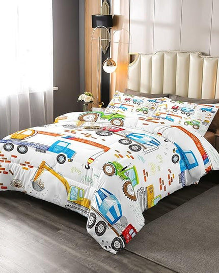 Boys Excavator Bedding Set Construction Vehicles Comforter Set for Kids Girls Watercolor Tractor Crane Truck Comforter Colorful Design Quilt Room 3Pcs Full Size Boys - LeafyLoom