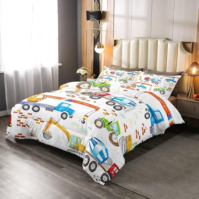 Boys Excavator Bedding Set Construction Vehicles Comforter Set for Kids Girls Watercolor Tractor Crane Truck Comforter Colorful Design Quilt Room 3Pcs Full Size Boys - LeafyLoom