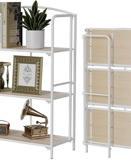 No Assembly Folding Bookshelf, 3 Tier White Bookshelf, Metal Book Shelf for Storage, Folding Bookcase for Office Organization and Storage, 12.87" D x 30.9" W x 42.33" H - LeafyLoom