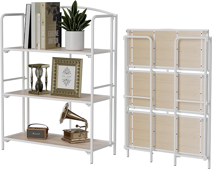 No Assembly Folding Bookshelf, 3 Tier White Bookshelf, Metal Book Shelf for Storage, Folding Bookcase for Office Organization and Storage, 12.87" D x 30.9" W x 42.33" H - LeafyLoom
