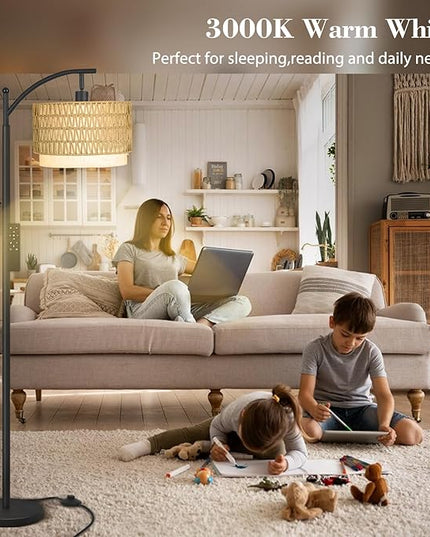 PESRAE Boho Farmhouse Rattan Floor Lamps for Living Room with Remote Control Stepless Dimmable Bulb,Standing Floor Lamp with 360°Adjustable Rattan Lampshade for Living Room, Bedroom,Office - LeafyLoom