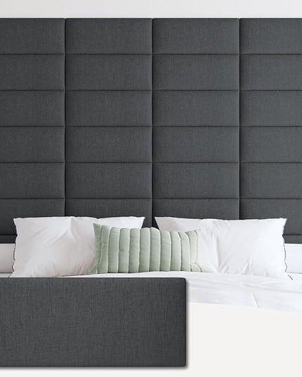 Upholstered Wall Mounted Headboard, 3D Soundproof Wall Panels Peel and Stick Headboard for Queen Size, Reusable and Removable Tufted Bed Headboard in Black(9 Panels, 10" x 24") - LeafyLoom