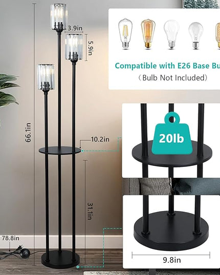 HMVPL Crystal Floor Lamp with Shelves, Modern Floor Lamps for Living Room, 3-Light Standing Lamps with Table, Black Floor Lamp with Crystal Shade, On/Off Foot Switch, Corner Floor Lamp for Bedroom - LeafyLoom