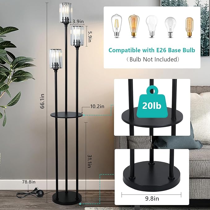HMVPL Crystal Floor Lamp with Shelves, Modern Floor Lamps for Living Room, 3-Light Standing Lamps with Table, Black Floor Lamp with Crystal Shade, On/Off Foot Switch, Corner Floor Lamp for Bedroom - LeafyLoom