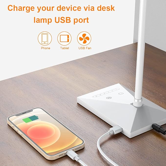 Vansuny LED Desk Lamp with USB Charging Port, Eye-Caring, 5 Color Modes,6 Brightness Levels, Touch Control, Flexible Gooseneck, Memory Function for Dorm Office Work Bedroom (12W,White) - LeafyLoom