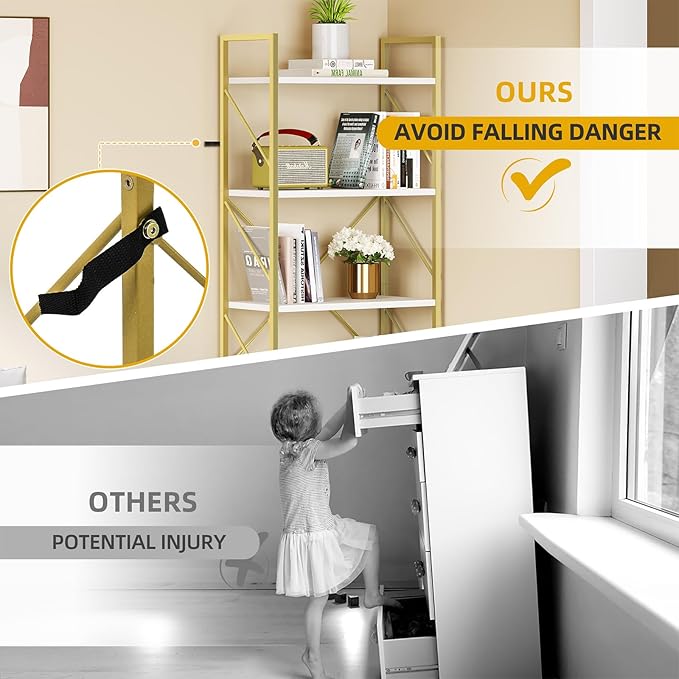 DWVO Gold Bookshelf, Modren 5 Tier Bookcase, Storage Shelves Organizer Standing Shelf, Display Rack Book Shelves for Bedroom,Living Room,Office,Kitchen, Gold - LeafyLoom