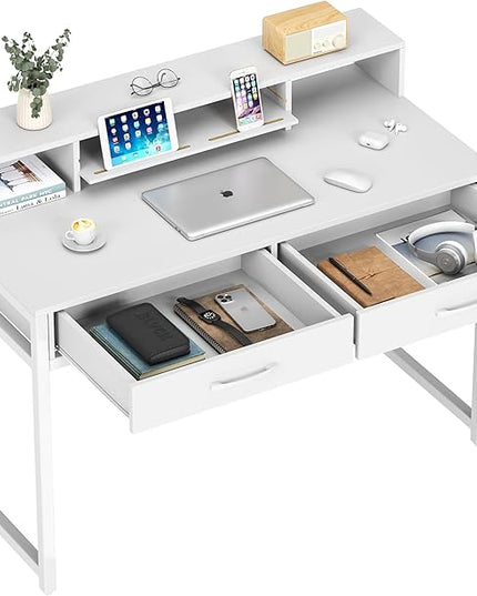 Computer Desk with Drawers, 47" Home Office Desk with Monitor Shelf, Writing Desk with Storage, Gaming Desk Work Desk Study Desk for Bedroom, White - LeafyLoom