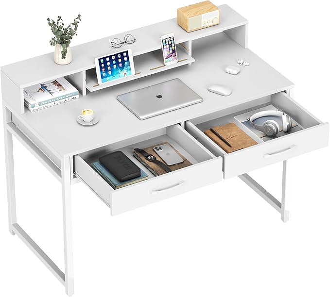 Computer Desk with Drawers, 47" Home Office Desk with Monitor Shelf, Writing Desk with Storage, Gaming Desk Work Desk Study Desk for Bedroom, White - LeafyLoom