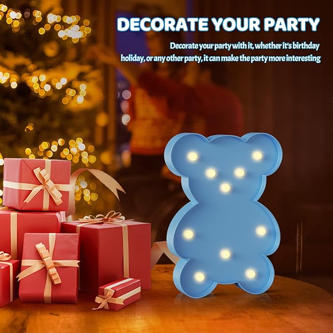 Blue Bear Decor, Battery Powered Bear Night Light for Kids, Pink Party Decorations, Baby Night Light for Bedroom, Toddler Night Lights, Girls Room Decor - LeafyLoom