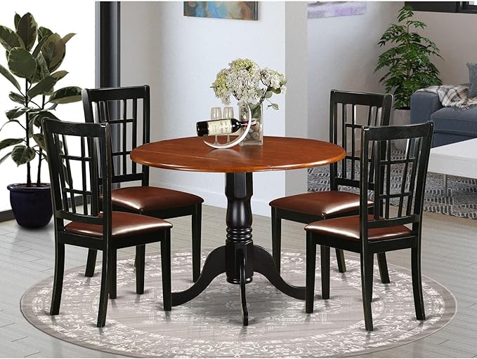 East West Furniture DLNI5-BCH-LC 5 Piece Room Furniture Set Includes a Round Kitchen Table with Dropleaf and 4 Faux Leather Upholstered Dining Chairs, 42x42 Inch - LeafyLoom