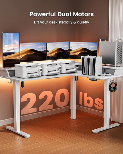 ErGear 65'' L Shaped Standing Desk for Gaming, [3 Drawers & 2 Cable Management Trays] Corner Stand up Desk [Compatible w/C-Clamp Mount] Height Adjustable for Home Office, White - LeafyLoom