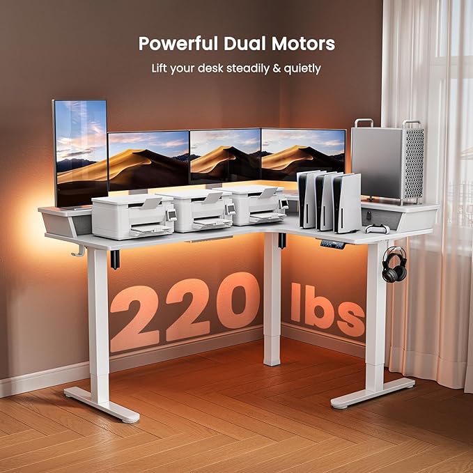 ErGear 65'' L Shaped Standing Desk for Gaming, [3 Drawers & 2 Cable Management Trays] Corner Stand up Desk [Compatible w/C-Clamp Mount] Height Adjustable for Home Office, White - LeafyLoom