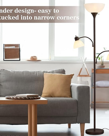 Luvkczc Torchiere Floor Lamps for Living Room with 2 Reading Lamps, Modern Tall Standing Lamps, Industrial Bright Floor Lamp for Bedroom, Office, Dresser, 3 LED Bulbs Included - LeafyLoom