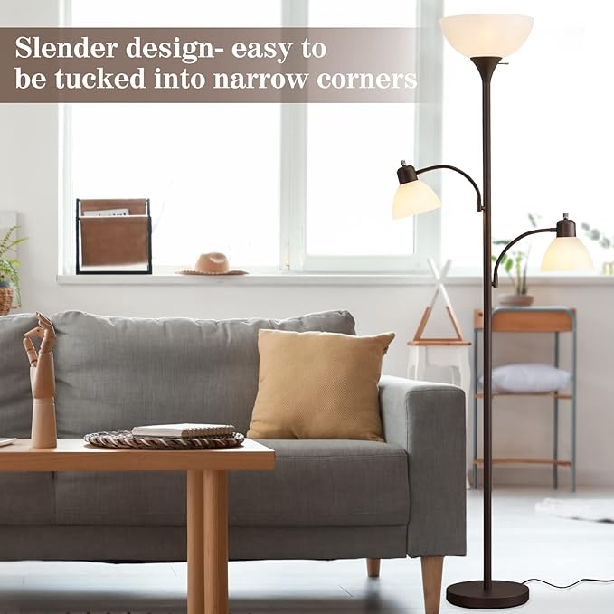 Luvkczc Torchiere Floor Lamps for Living Room with 2 Reading Lamps, Modern Tall Standing Lamps, Industrial Bright Floor Lamp for Bedroom, Office, Dresser, 3 LED Bulbs Included - LeafyLoom