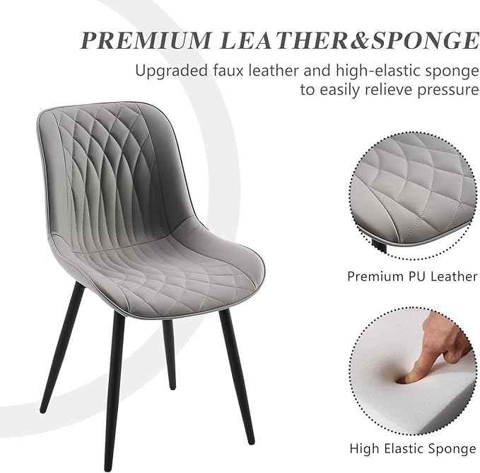 YOUNIKE Grey Dining Chairs set of 2 with High Backs Mid Century Modern Kitchen & Dining Room Chairs PU Faux Leather Upholstered sillas de comedor Comfortable Large Padded Accent Chairs with Metal Legs - LeafyLoom