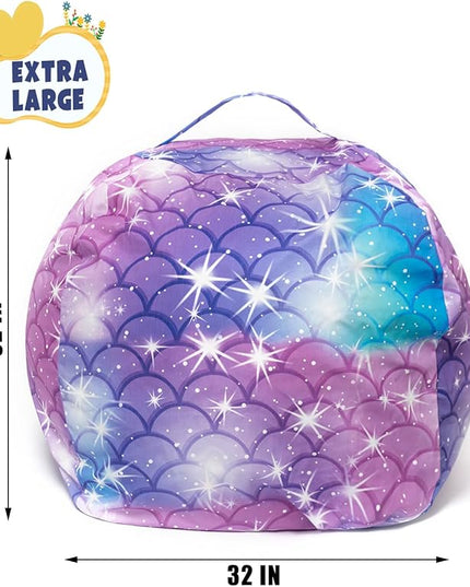 Stuffed Animal Storage Bean Bag Chair Cover, Hold Kids Plush Toys Blankets Towels Beanbag (Cover Only), Canvas Floor Circle Stuff Sit Seat Sofa with YKK Zipper, Large 32", Classic Mermaid - LeafyLoom