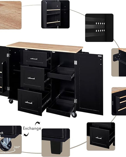 Kitchen Island with Storage, Spice Rack & Tower Rack, Mobile Rolling Kitchen-Cart on Wheels w/Rubber Wood Top, 3 Drawer, 2 Slide-Out Shelf and Internal Storage Rack - LeafyLoom