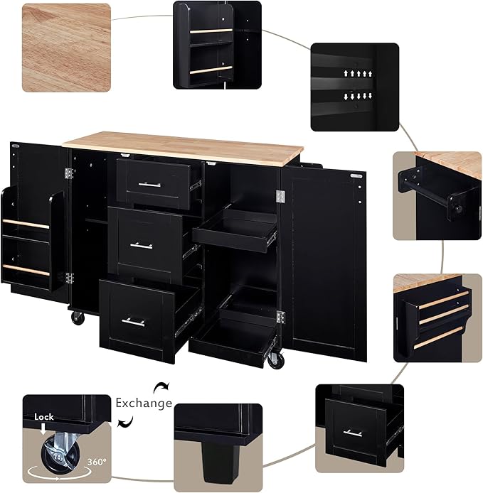 Kitchen Island with Storage, Spice Rack & Tower Rack, Mobile Rolling Kitchen-Cart on Wheels w/Rubber Wood Top, 3 Drawer, 2 Slide-Out Shelf and Internal Storage Rack - LeafyLoom