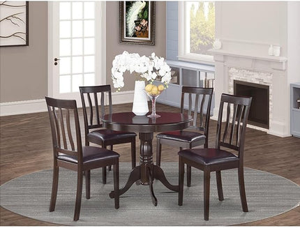 East West Furniture Antique 5 Piece Room Furniture Set Includes a Round Kitchen Table with Pedestal and 4 Faux Leather Upholstered Dining Chairs, 36x36 Inch, ANTI5-CAP-LC - LeafyLoom